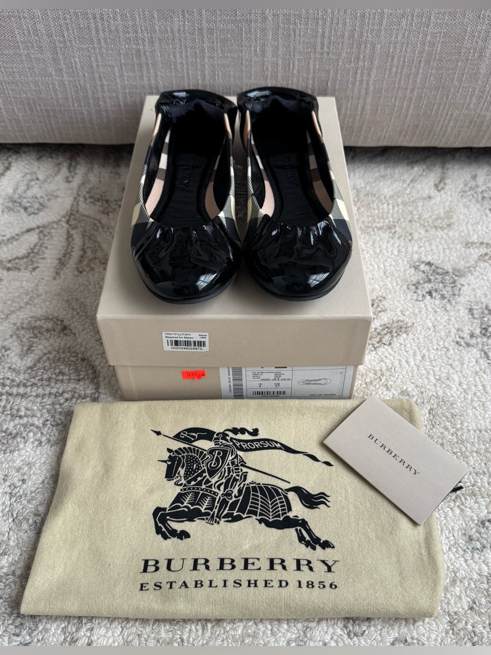 Burberry Nova Black Patent And Check Pattern Ballerina Flat